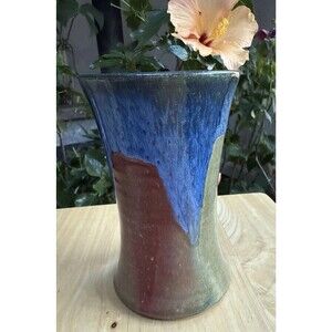 Studio Art Pottery Vase Handmade, Blue Green, Artist Signed